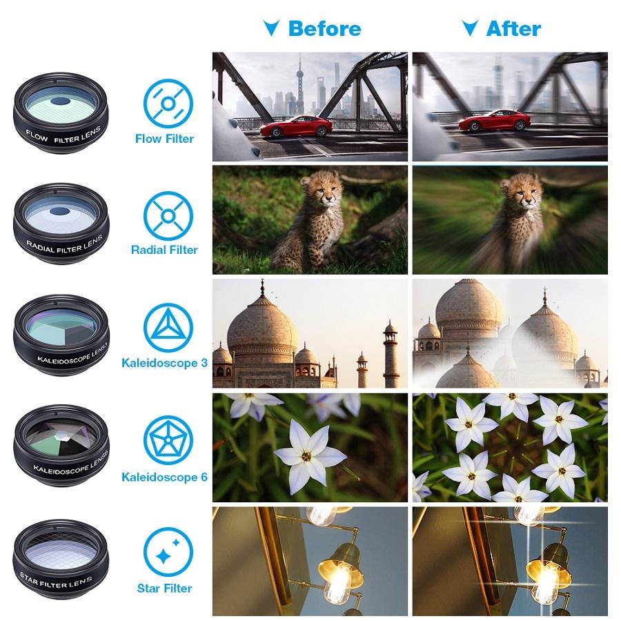 Phone Lens Fisheye + Wide Angle + Macro +2X telescope +CPL Filter Kaleidoscope Camera Lens for ALL Smartphone 10 in 1 Kit