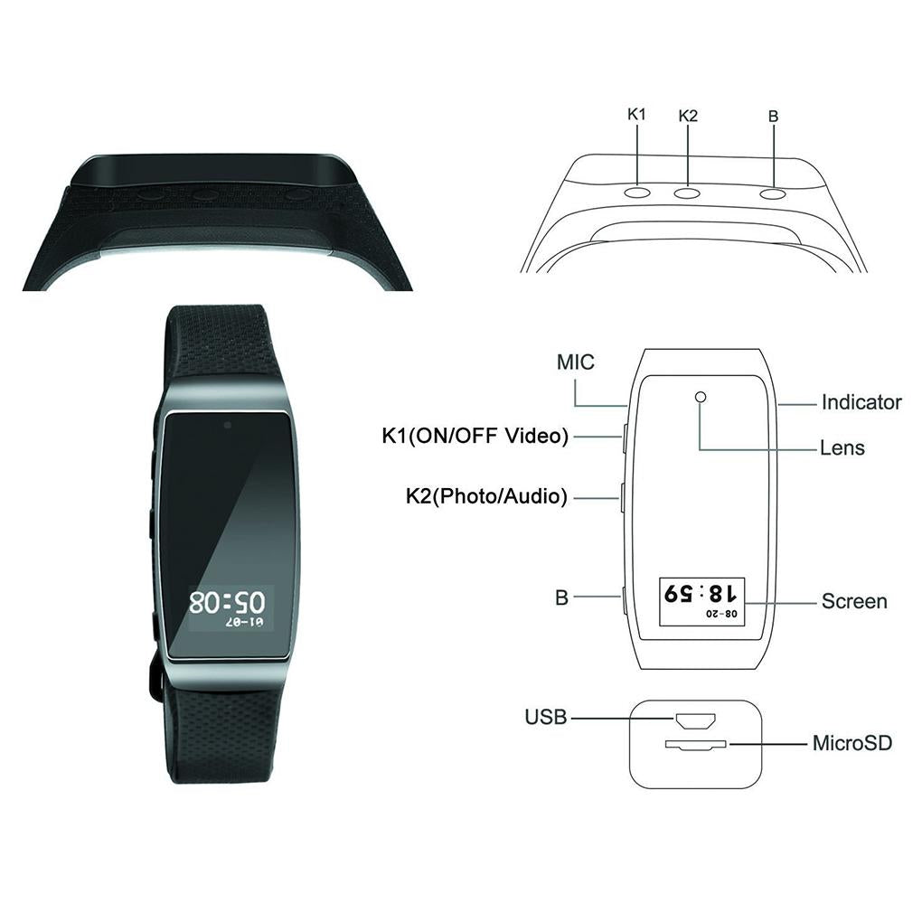 Video Recording Adjustable Wristband Smart Bracelet HD 1080P Mini DVR Wearable Camera with Steps Tracking