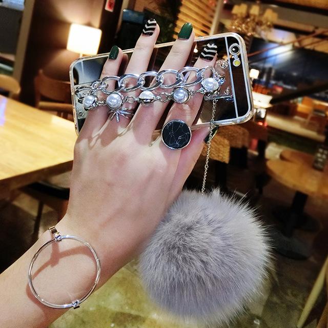 Pearl Chain Fox Fur Ball Mirror Case For iphone/samsung