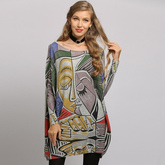XIKOI Sweater Woman Casual Oversize Long Batwing Sleeve O-Neck Knitted Fashion Pullovers Abstract Print Clothes