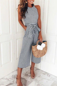Zraus Bohemian Round Neck Striped Blue Cotton Blends One-piece Jumpsuits