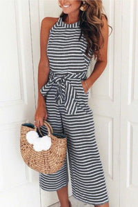 Zraus Bohemian Round Neck Striped Blue Cotton Blends One-piece Jumpsuits