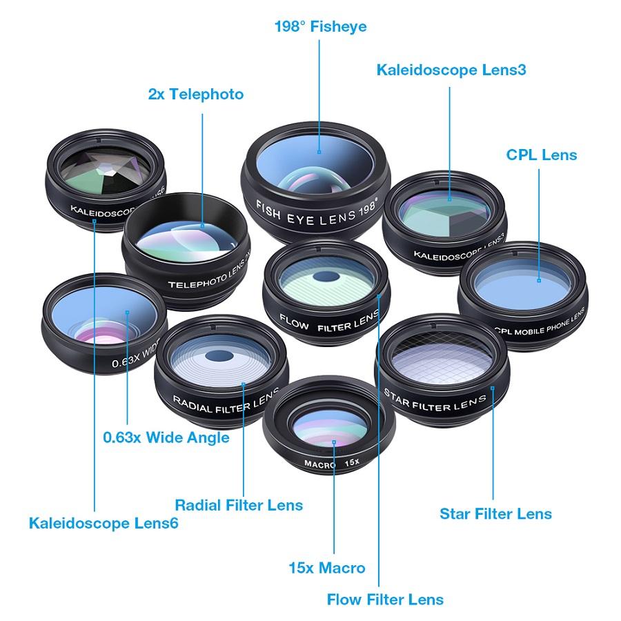 Phone Lens Fisheye + Wide Angle + Macro +2X telescope +CPL Filter Kaleidoscope Camera Lens for ALL Smartphone 10 in 1 Kit