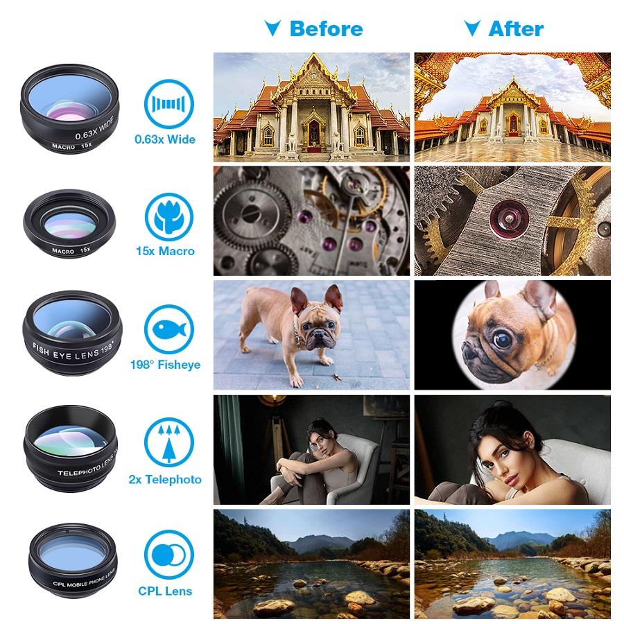 Phone Lens Fisheye + Wide Angle + Macro +2X telescope +CPL Filter Kaleidoscope Camera Lens for ALL Smartphone 10 in 1 Kit
