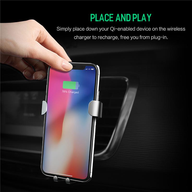 QI Wireless Charger Gravity Car Holder 10W, for iPhone X 8 Plus Samsung Galaxy S8 Note 8 Quick Charge Fast Charging Pad
