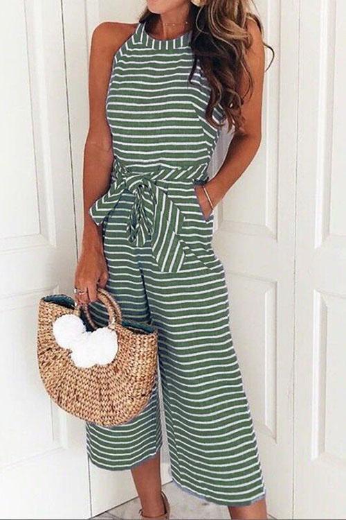 Zraus Bohemian Round Neck Striped Blue Cotton Blends One-piece Jumpsuits
