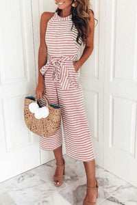 Zraus Bohemian Round Neck Striped Blue Cotton Blends One-piece Jumpsuits