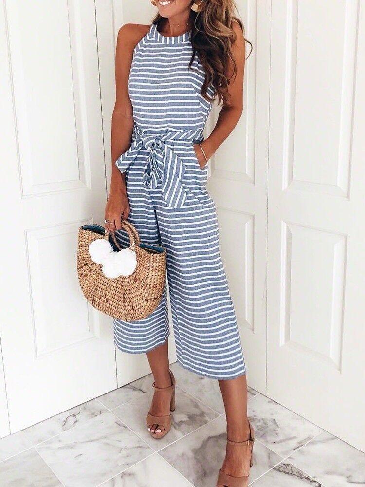 Zraus Bohemian Round Neck Striped Blue Cotton Blends One-piece Jumpsuits