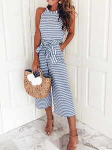 Zraus Bohemian Round Neck Striped Blue Cotton Blends One-piece Jumpsuits