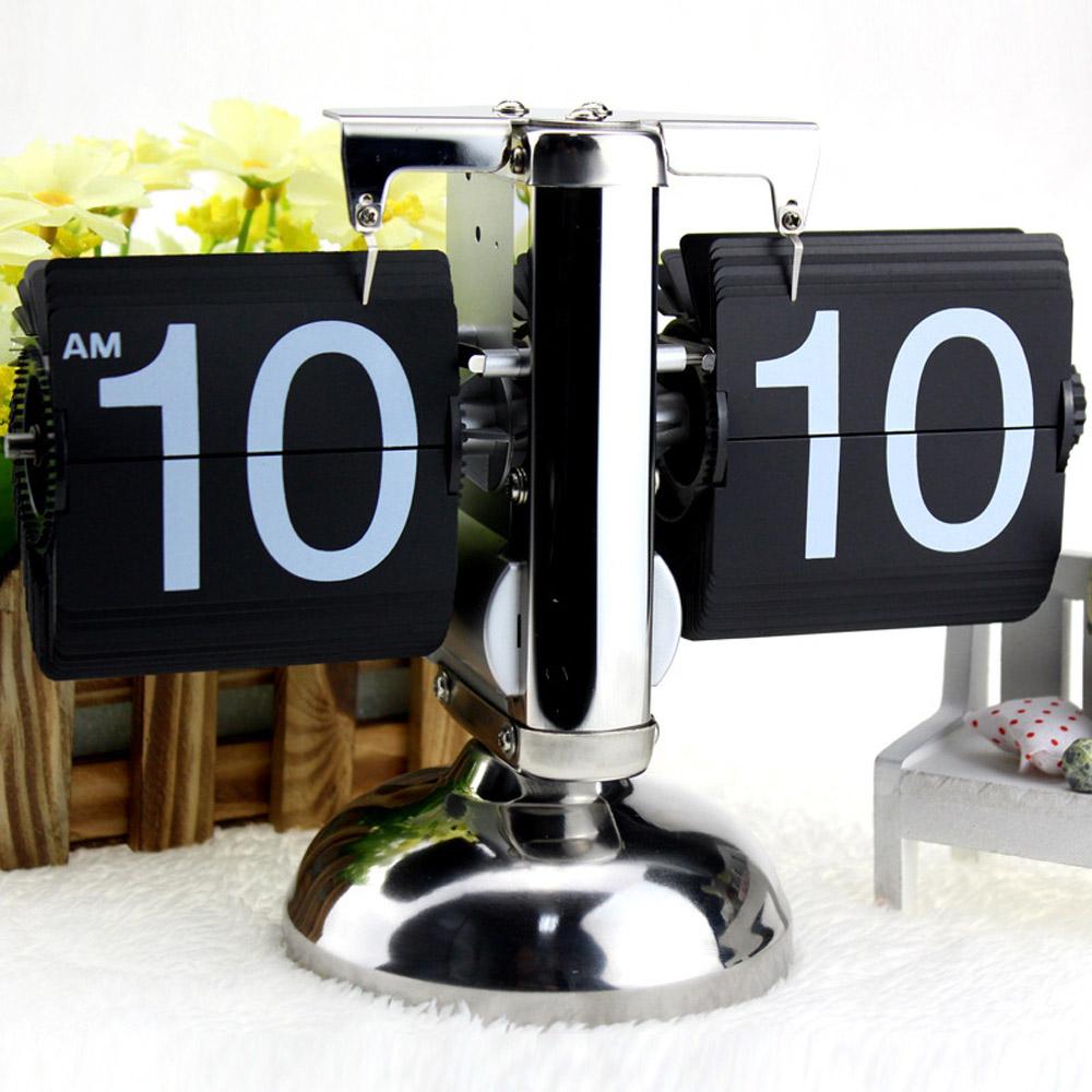 2018  Small Scale Table Clock Desktop Retro Flip Clock Stainless Steel Flip Internal Gear Operated Quartz Clock