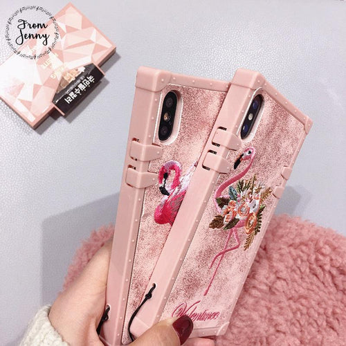 From Jenny Fabric Embroidery Flamingo Phone Case for iphone 8 8plus 7 7plus 6/6S Plus X