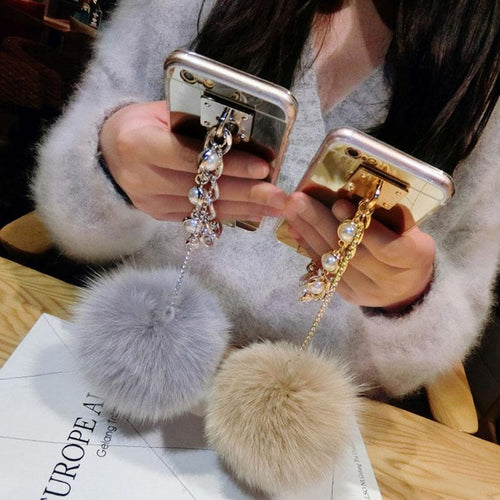 Pearl Chain Fox Fur Ball Mirror Case For iphone/samsung