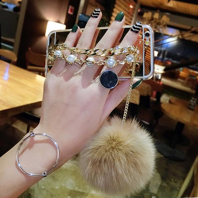 Pearl Chain Fox Fur Ball Mirror Case For iphone/samsung