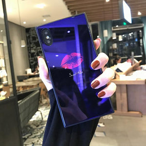 2018 Luxury blue light Square Glass phone Case For iPhone