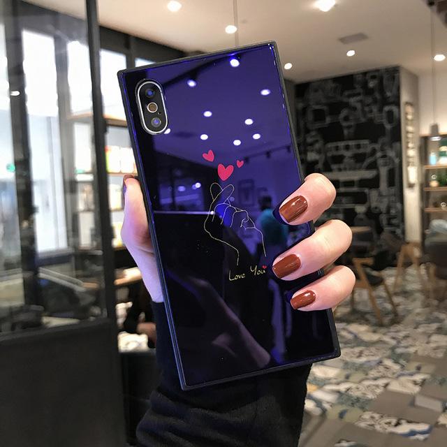 2018 Luxury blue light Square Glass phone Case For iPhone