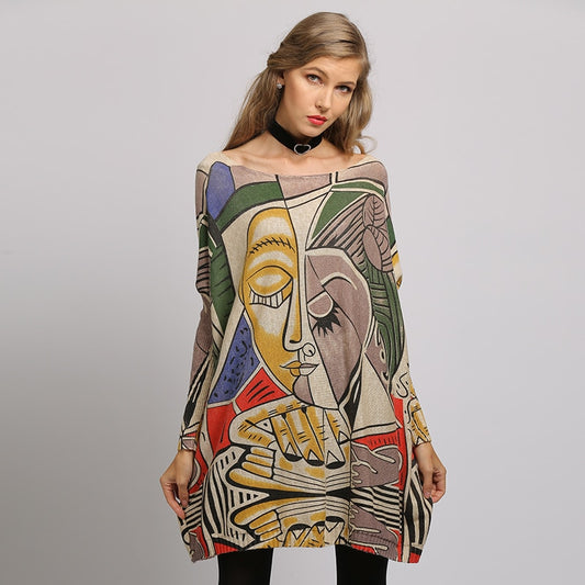 XIKOI Sweater Woman  Casual Oversize Long Batwing Sleeve O-Neck Knitted Fashion Pullovers Abstract Print Clothes
