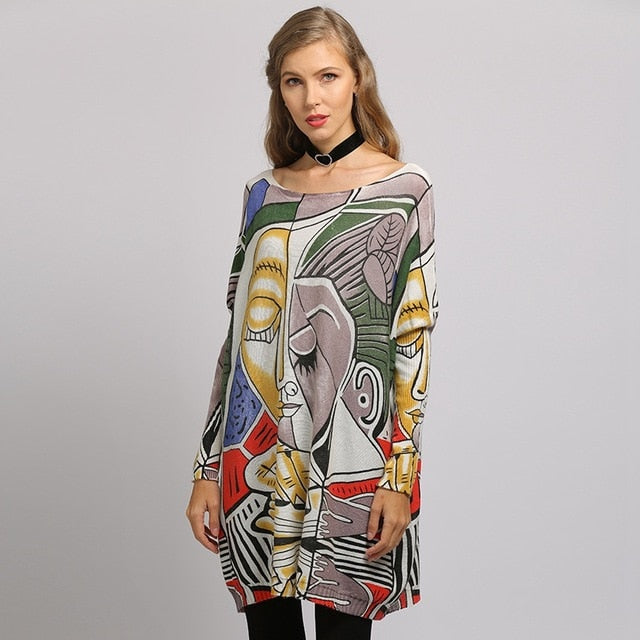 XIKOI Sweater Woman  Casual Oversize Long Batwing Sleeve O-Neck Knitted Fashion Pullovers Abstract Print Clothes