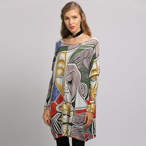 XIKOI Sweater Woman  Casual Oversize Long Batwing Sleeve O-Neck Knitted Fashion Pullovers Abstract Print Clothes