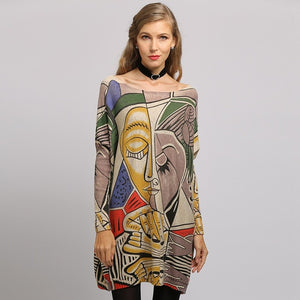 XIKOI Sweater Woman  Casual Oversize Long Batwing Sleeve O-Neck Knitted Fashion Pullovers Abstract Print Clothes