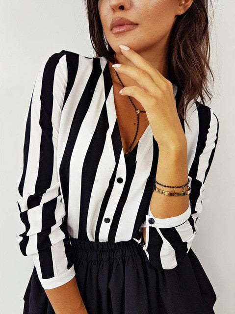 Summer Fashion Women V Neck Long Sleeve Stripes Career Shirt