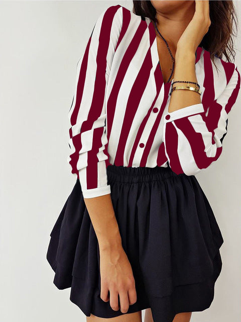 Summer Fashion Women V Neck Long Sleeve Stripes Career Shirt