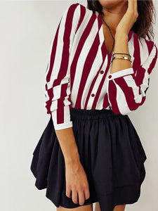 Summer Fashion Women V Neck Long Sleeve Stripes Career Shirt