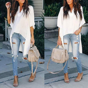 New Fashion Women Chic Elegant Sexy Soft Irregular V-Neck Blouses Half sleeve Plus  Pullover Shirts