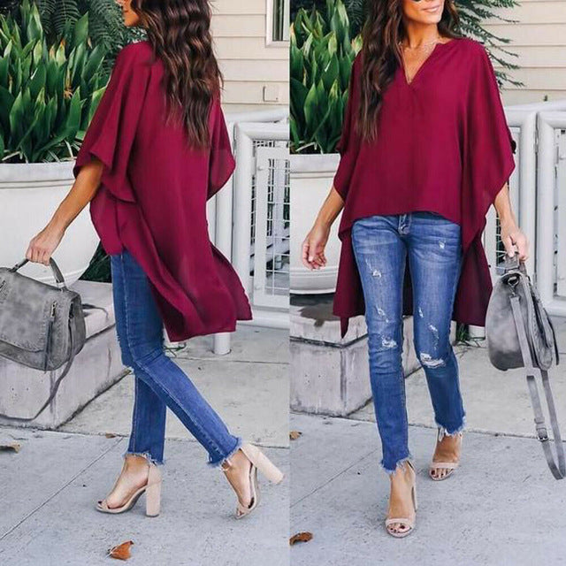 New Fashion Women Chic Elegant Sexy Soft Irregular V-Neck Blouses Half sleeve Plus  Pullover Shirts