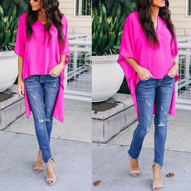 New Fashion Women Chic Elegant Sexy Soft Irregular V-Neck Blouses Half sleeve Plus  Pullover Shirts